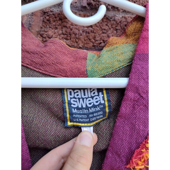 Paula Sweet Muslin Mink Vintage 80s Cardigan Patchwork Fringe Large Orange Red - Picture 2 of 7